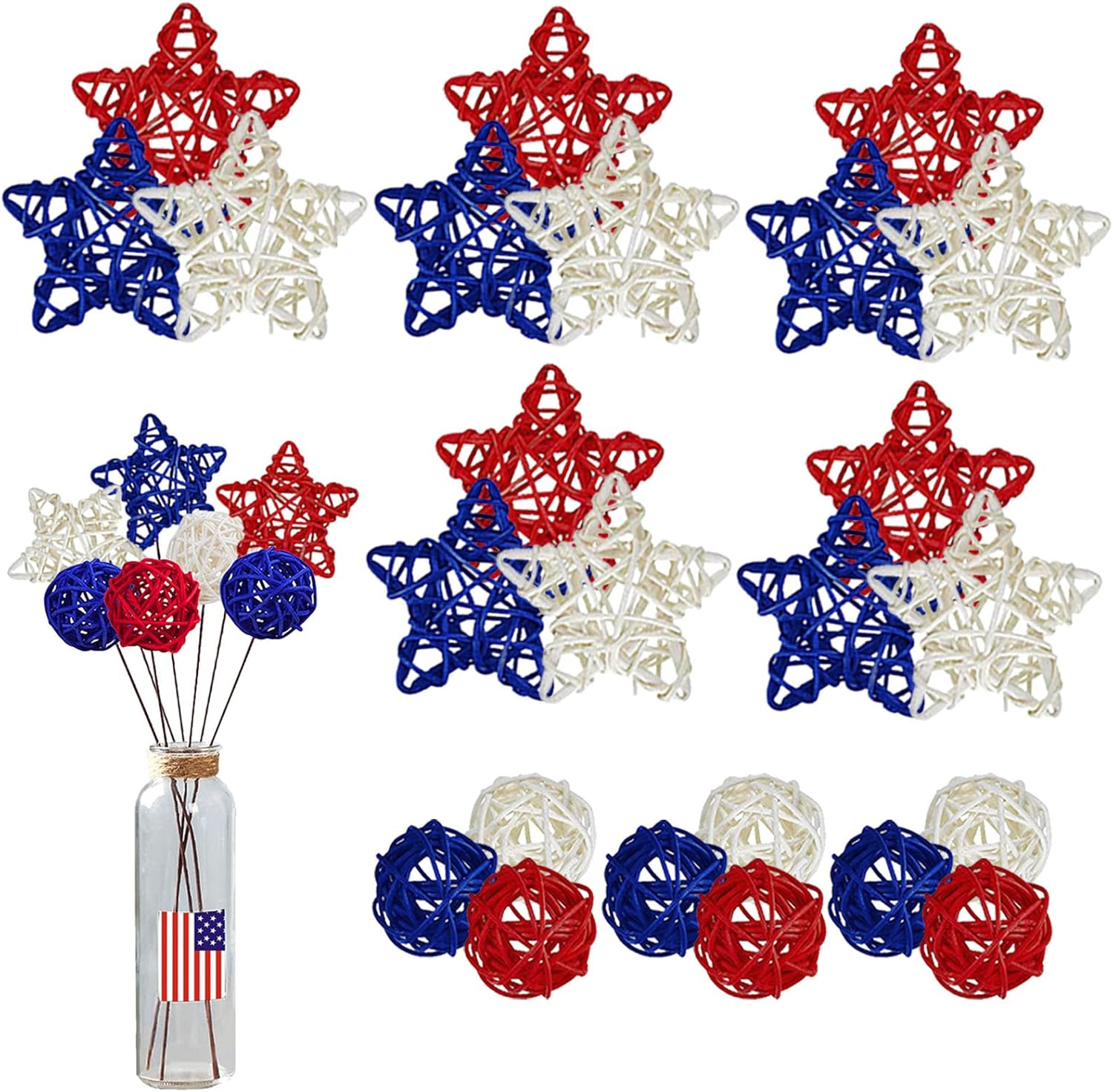 OZIO-US 4Th of July Star Rattan Decoration, Red Blue White Stars for 4Th of July Independence Day Home Decor DIY Craft Vase Bowl Filler Table Decoration image number 1