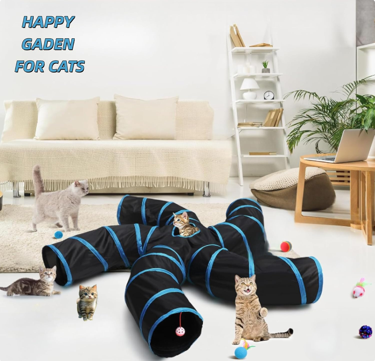 ELECLAND Cat Tunnel for Indoor Cats Large, with Play Ball S-Shape 5 Way Collapsible Interactive Peek Hole Pet Tube Toys, Puppy, Kitty, Kitten, Rabbit (Blue & Black) image number 2