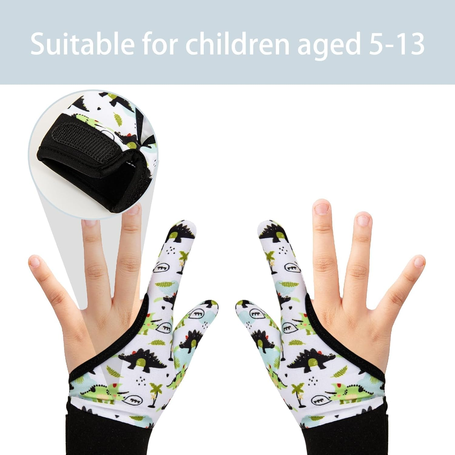 Kuskins 4 Pcs Thumb Sucking Guard Gloves for Kids Ages 5-13, Breathable Sensory Gloves to Stop Thumb Sucking & Nail Biting, Soft Cotton anti Suck Guard with Chewy Compression (Dinosaur 01) image number 1