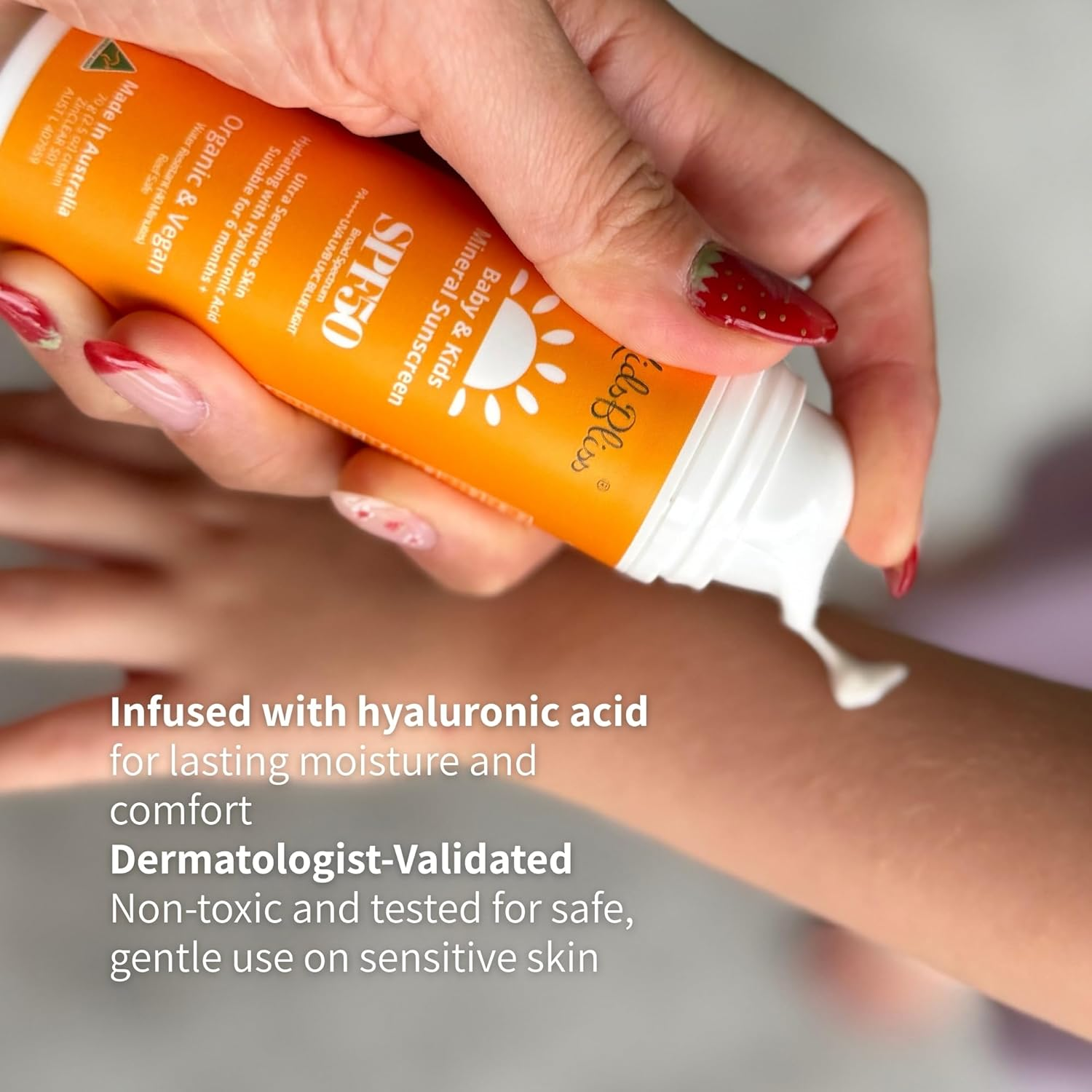 Organic Baby & Kids Mineral Sunscreen SPF 50 | 25% Non-Nano Zinc Oxide for Sensitive Skin | No White Cast, Non-Greasy & Fragrance-Free | TGA & FDA Approved | with Hyaluronic Acid - 70G image number 5