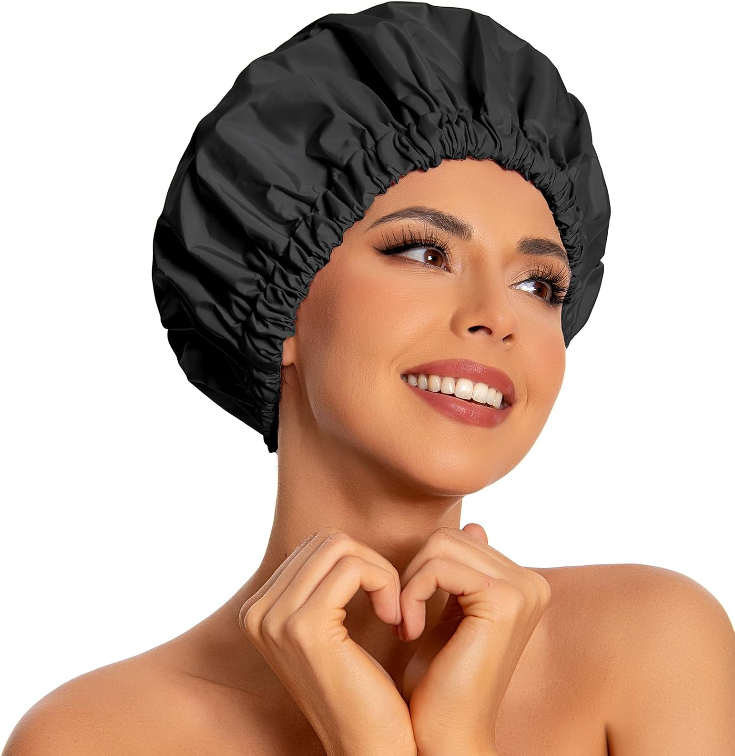 Reusable Shower Cap for Women, Large Waterproof Shower Bonnet Washable Elastic Band Bath Accessories Hair Hat for Long Hair, Braids(Black) image number 4