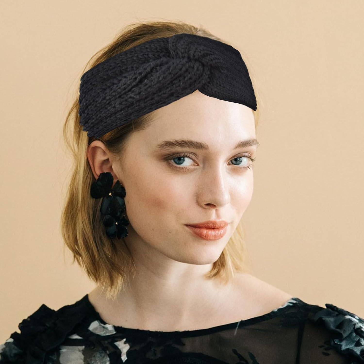 Pack of 3 Women'S Winter Headbands, Girls, Hair Band, Girls' Elastic Crochet Fleece, Warm Headband for Outdoor Sports (Black, Pink, Beige) image number 3