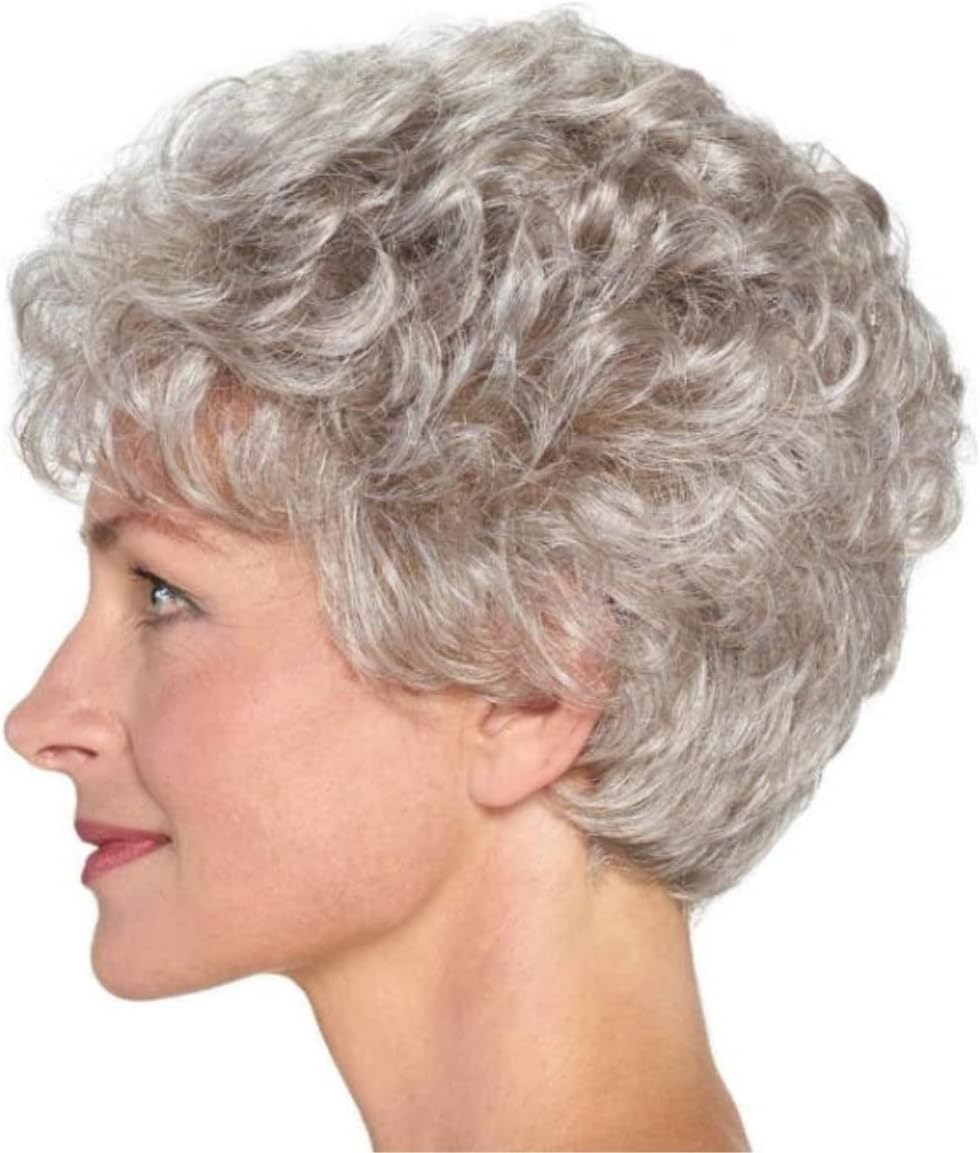 Daily Wig Old Lady Wigs, Short Grey Curly Human Hair Blended Wigs for Elderly Women Wigs image number 2
