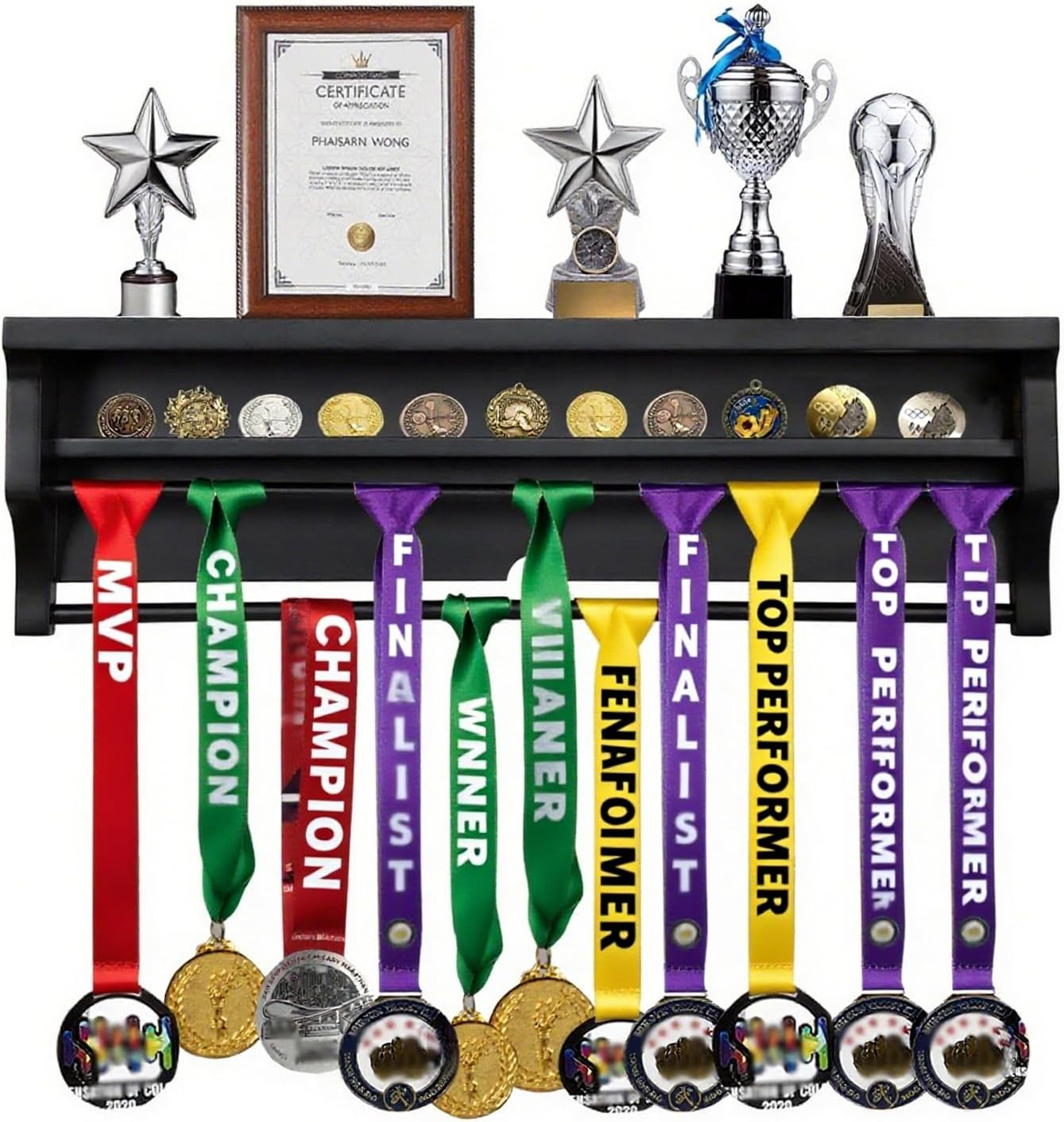 Solid Wood Medal Hanger Display, Wall - Mounted Holder for Sports Achievements Gymnastics, Soccer with Bib Board for Marathon Keepsakes image number 1