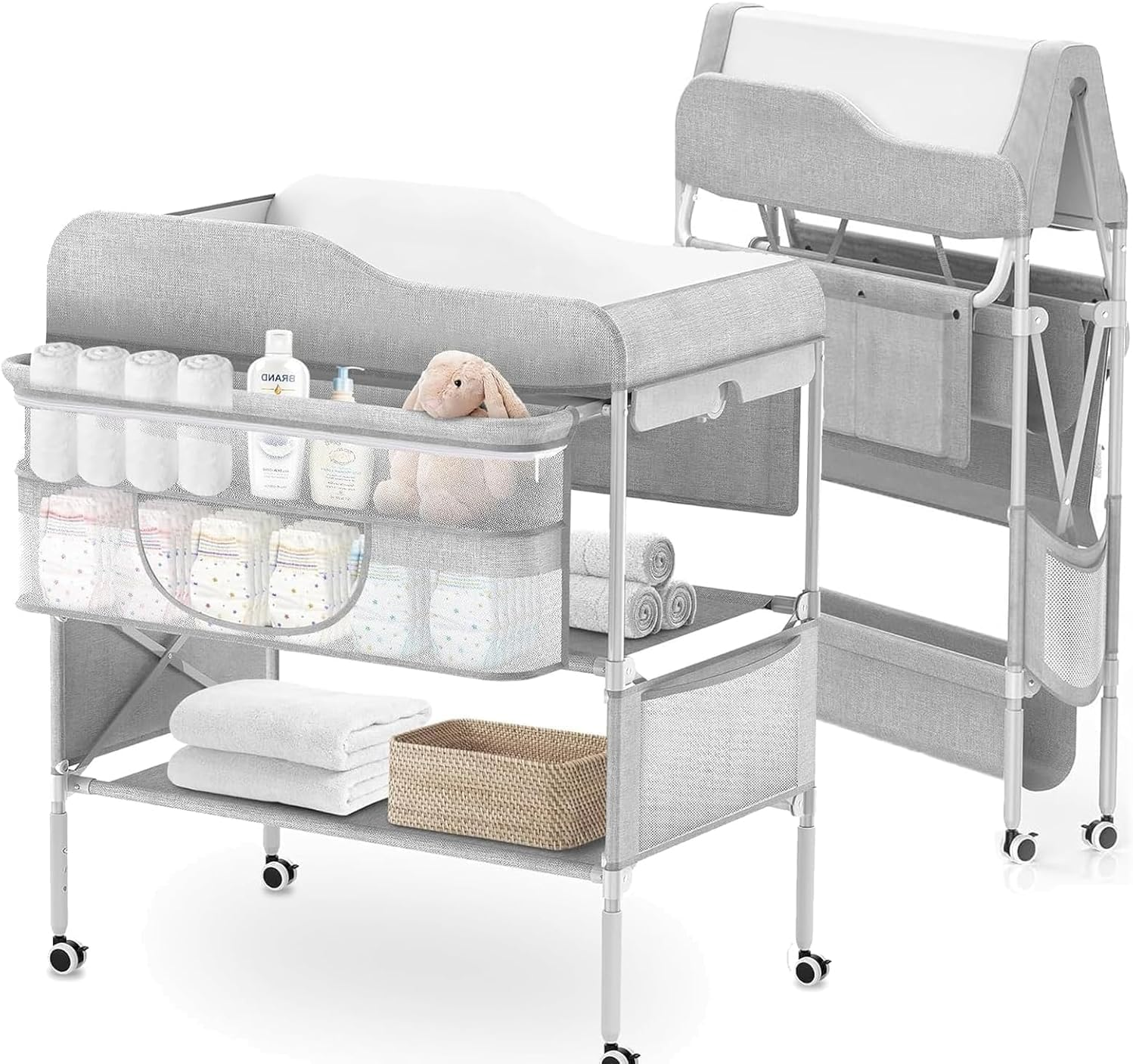 Portable Baby Changing Table, Folding Mobile Nursery Organizer with Wheels, Waterproof Diaper Station Pad Topper for Infant, Large Storage Rack&Adjustable Height image number 6