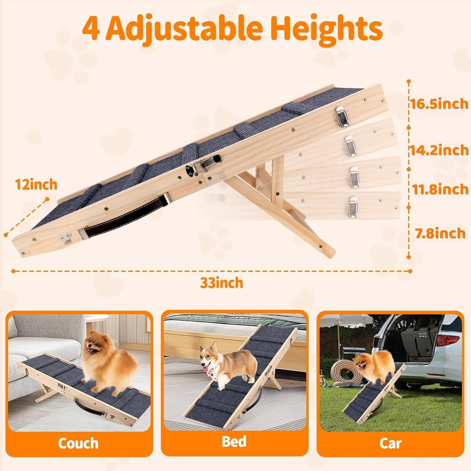 Dog Ramp, Non-Slip Dog Ramp for Bed，Portable Folding Pet Ramp for Small Dogs Cats，83Cm Long Adjustable 4 Heights 20-42 Cm ，UP 50 Lbs/23Kg，Dog Ramp Suitable for Bed, Couch, Car image number 6