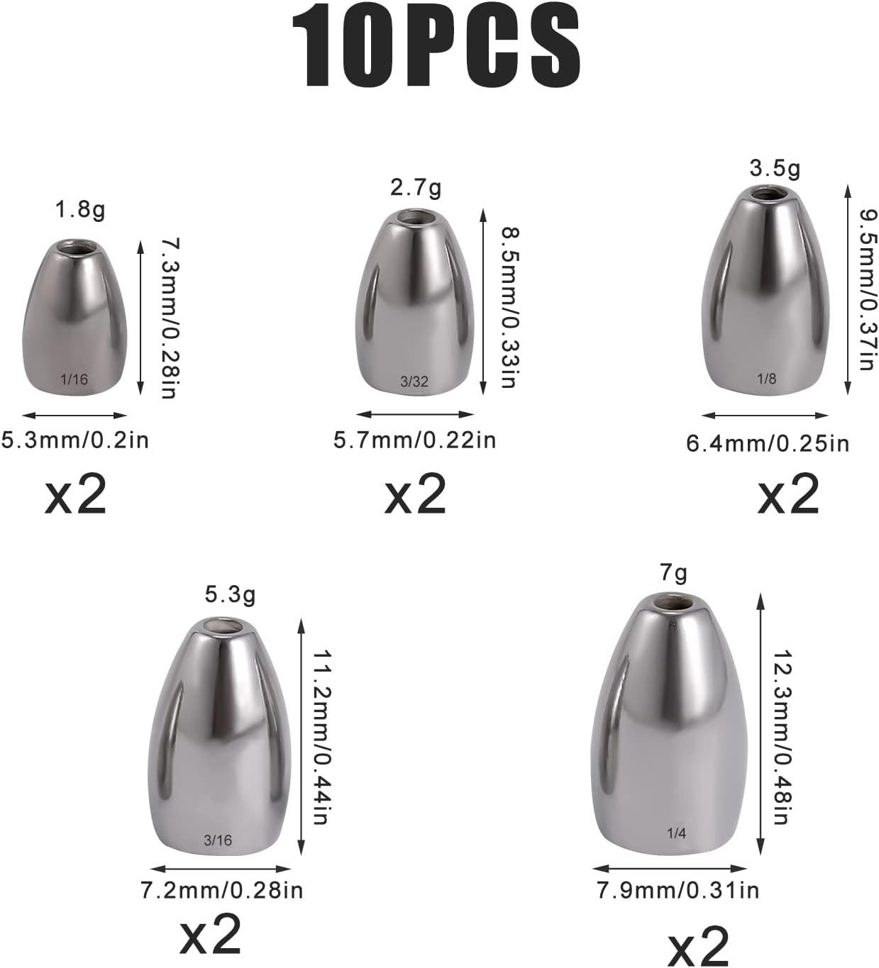 SAVITA 10Pcs Tungsten Fishing Weight Kit, 1.8/2.7/3.5/5.3/7G Fishing Weights Bullet Sinkers Reusable Fishing Weights Drop Shot Assortment Kit for Bass Saltwater Freshwater (5 Sizes) image number 1