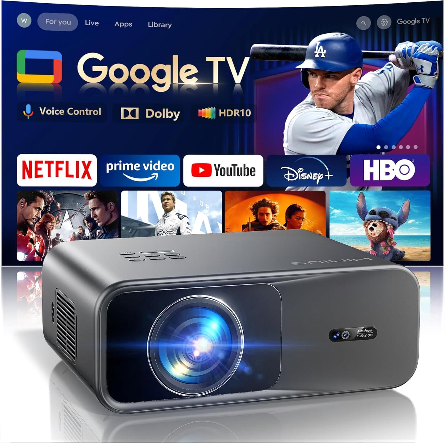 4K Smart Projector【Google Tv/Voice Control/Dolby】 Official Netflix/Disney+, Autofocus/Keystone Projector 1000 ANSI Native 1080P FHD, Wifi Bluetooth Portable Projector for Bedroom/Home Theater/Outdoor image number 2