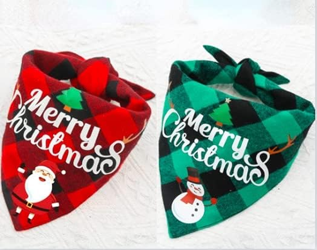 2 Pack Dog Bandana Christmas Classic Plaid Pet Scarf Triangle Bibs Kerchief Merry Christmas Santa Snowman Print Pet Bandana for Medium Large Dogs Pets (Large, Red&Green) image number 6