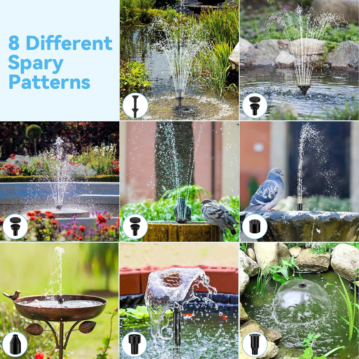 POPOSOAP Solar Fountain Pump Built-In 3000Mah Battery, 7W Solar Bird Bath Fountain Pump 16.64Ft Cable, 10 Nozzles & PVC Tubing, Solar Pond Pump for Bird Bath Garden Fish Tank Pond Water Feature Black image number 2