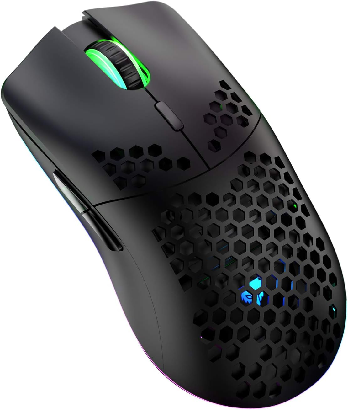 Lancoon Wireless Gaming Mouse, Hollow Carved Design, Colourful, Rechargeable, Durable, 2.4 G, 4 Adjustable 3200 DPI Levels, 7 Buttons, Optical Sensor for E-Sportb Work (White)