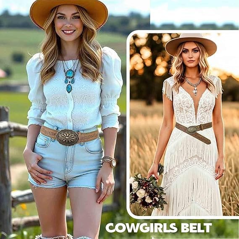 Western Style Belt for Women & Men - Vintage Cowboy Leather Belt with Adjustable Buckle, Brown Faux Leather Country Belt for Jeans, Rodeo & Western Themed Parties image number 2
