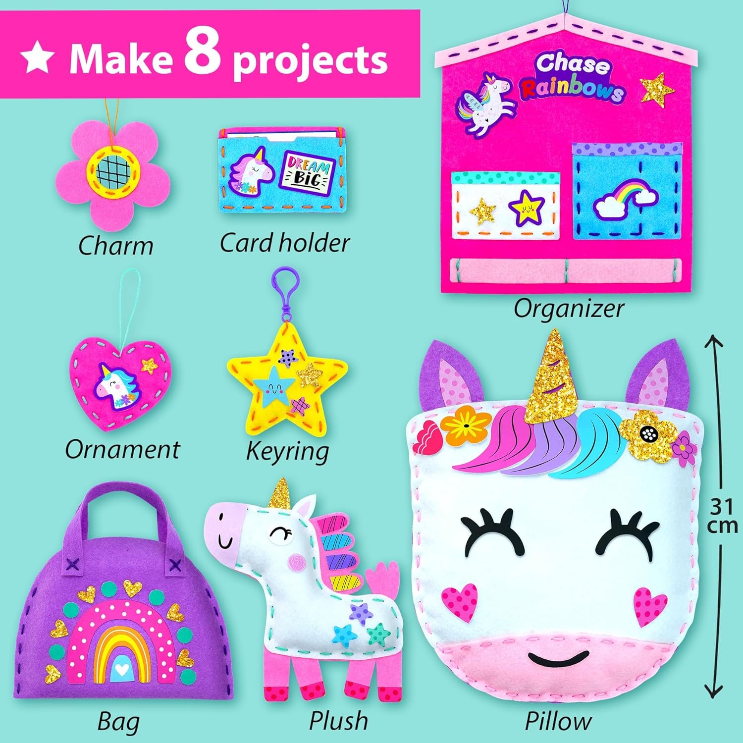 KRAFUN My First Unicorn Kids Sewing Kit, Beginner Arts & Crafts, Make 5 Cute Projects with Plush Stuffed Animal, Pillow, Mobile, Keyring and Bag, Instructions & Felt for Learn Sewing, Embroidery image number 2