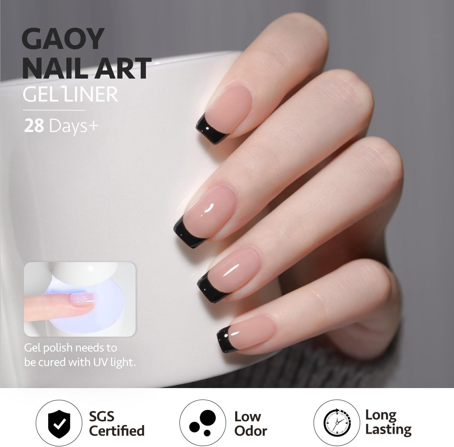 GAOY Black Swirl Gel Nail Polish Art Liner, 12Ml Classic Color Nail Paint Design with Thin Brush, UV Light Cure for DIY French Manicure at Home image number 2