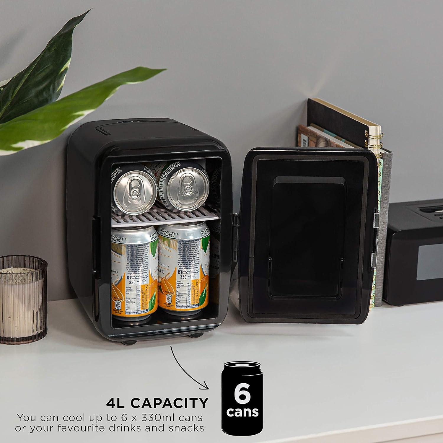 Russell Hobbs Mini Fridge RH4CLR1001B 4L/6 Can Portable Mini Cooler & Warmer for Drinks, Cosmetics/Makeup/Skincare, AC/DC Power, Retro Style, Black, for Bedroom, Home, Caravan, Car - White image number 6