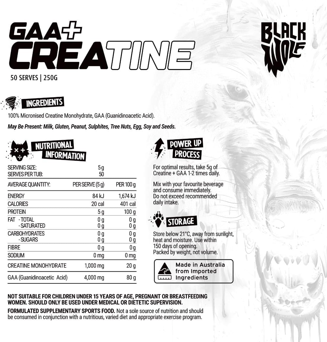 Black Wolf GAA + Creatine 250Gm 50 Serves image number 3