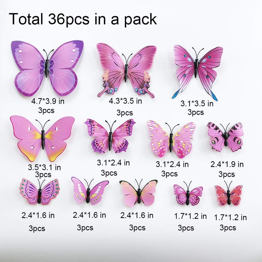 36Pcs 3D Colorful Butterfly Wall Stickers DIY Art Decor Crafts for Party Nursery Classroom Offices Kids Girl Boy Baby Bedroom Bathroom Living Room Magnets and Glue Sticker Set 1(Red-Single Wing) image number 3