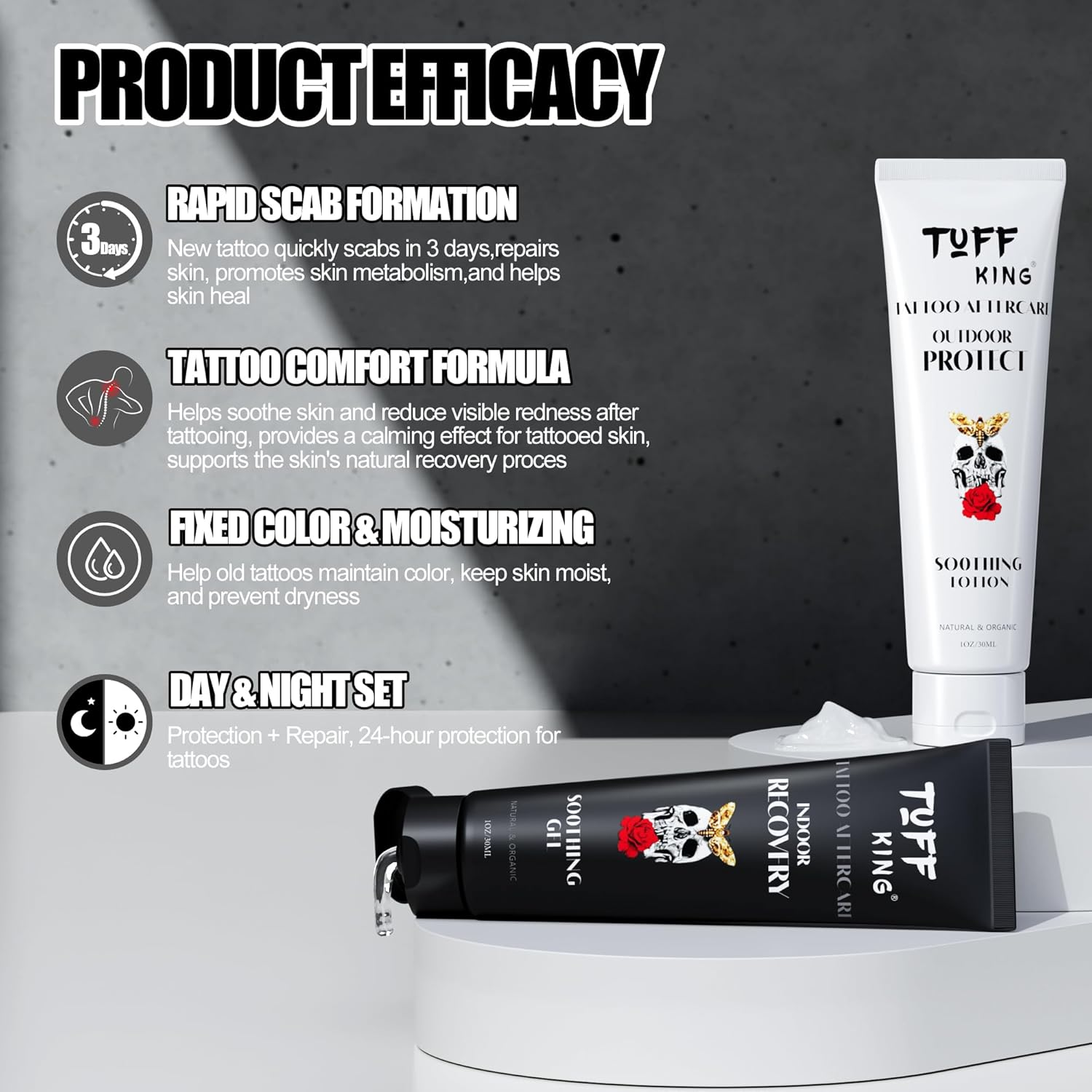 Tattoo Aftercare Kit | 2Pcs Day & Night Tattoo Soothing Lotion & Gel | Healing, Moisturizing & Protecting Fresh or Old Tattoos | Travel-Size Concentrated Natural Vegan Formula | Petroleum-Free image number 3