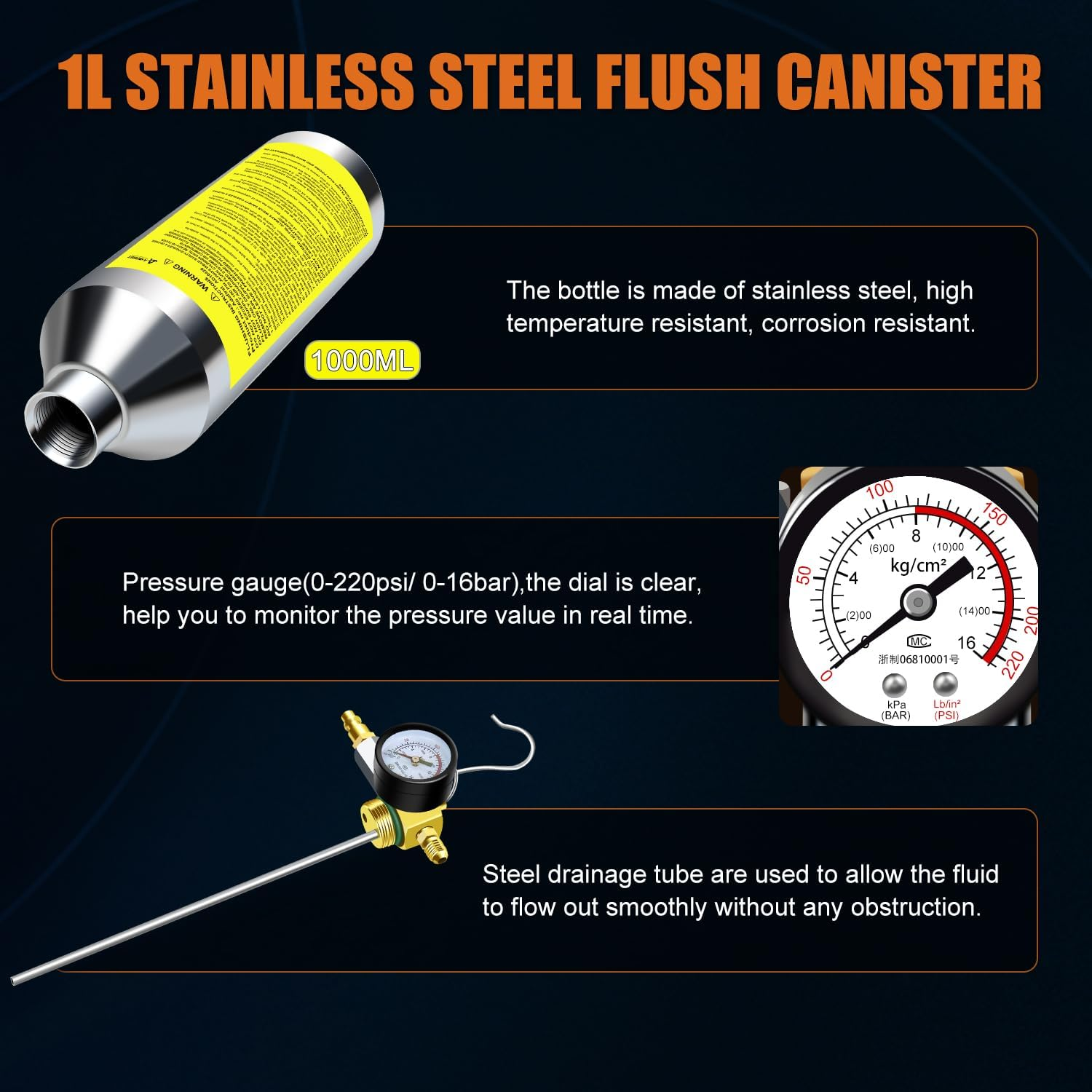 AC Flush Kit, Automotive Air Conditioner System Clean Canister Flushing Gun Tool Set for Cleaning Auto R134A R404A R410A HVAC Hose Condenser Evaporator, with 220PSI Gauge Air Plug Fittings image number 3