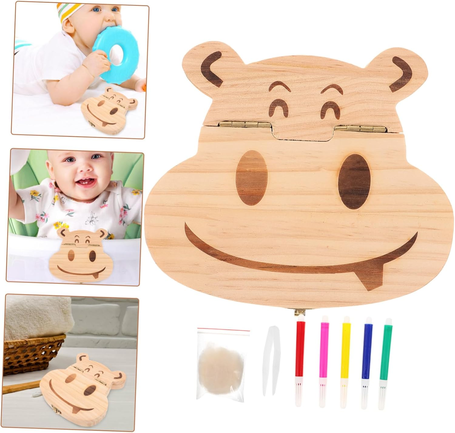 Vaguelly Baby Teeth Keepsake Box Wooden Organizer Small Cartoon Hippo Design Boys and Girls Tooth Holder Souvenir Storage Container for Newborns and Children image number 2