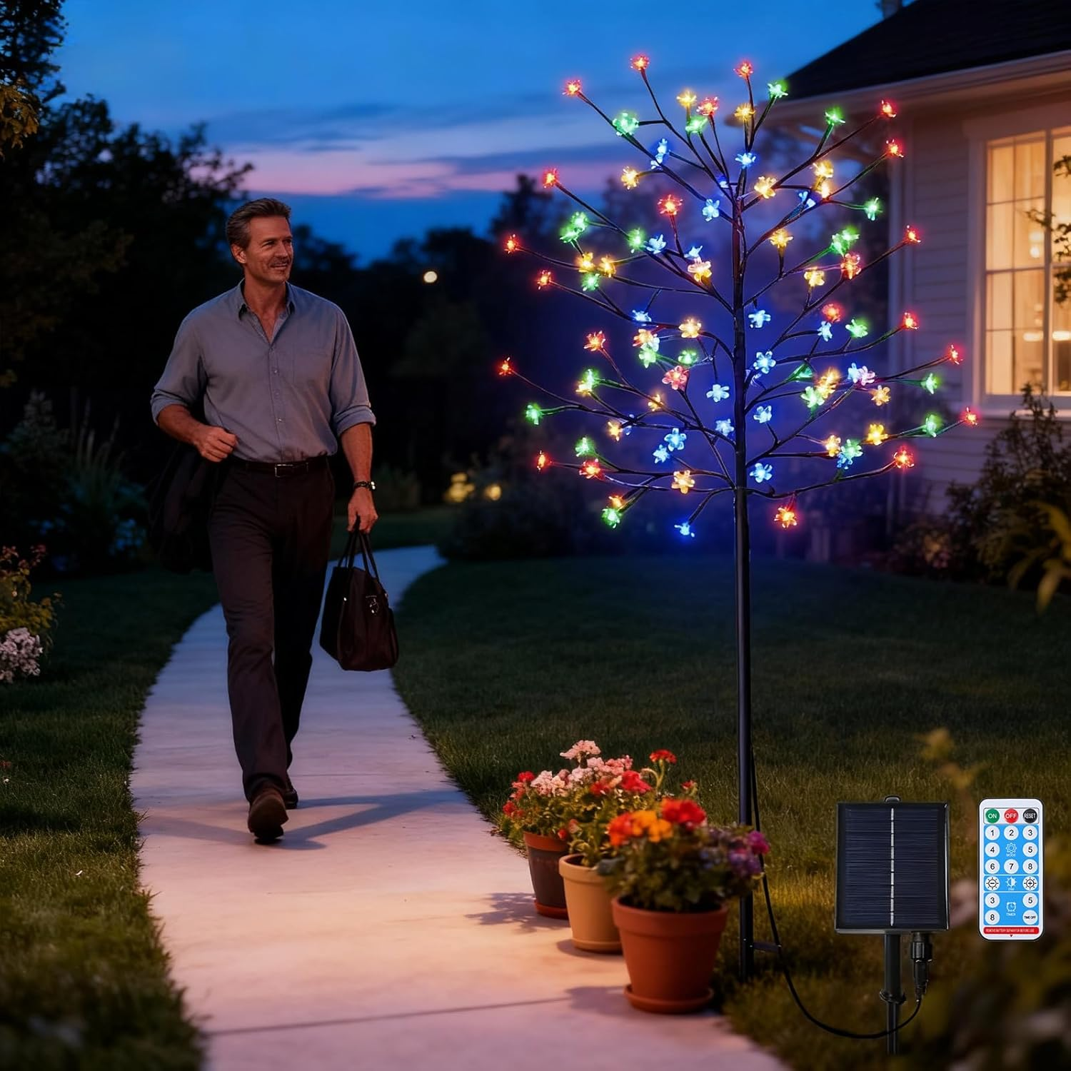 GOESWELL 1.5M 104LED Solar Lights Outdoor, Cherry Blossoms Christmas Solar Garden Light Trees with Adjustable Branches for Pathway,Yard,Lawn,Backyard,Holiday Party Decoration(Colour)