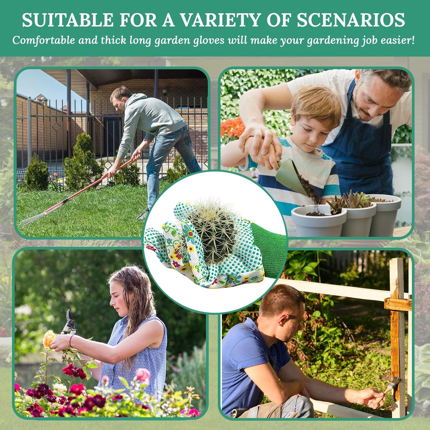 2Pairs Gardening Gloves, Heavy Duty Working Elasticated Non-Slip Cuffs Flora Gloves for Outdoor Yard Watering Weeding Planting Pruning Fishing Camping Adults Men Women Women (Red & Green) image number 5