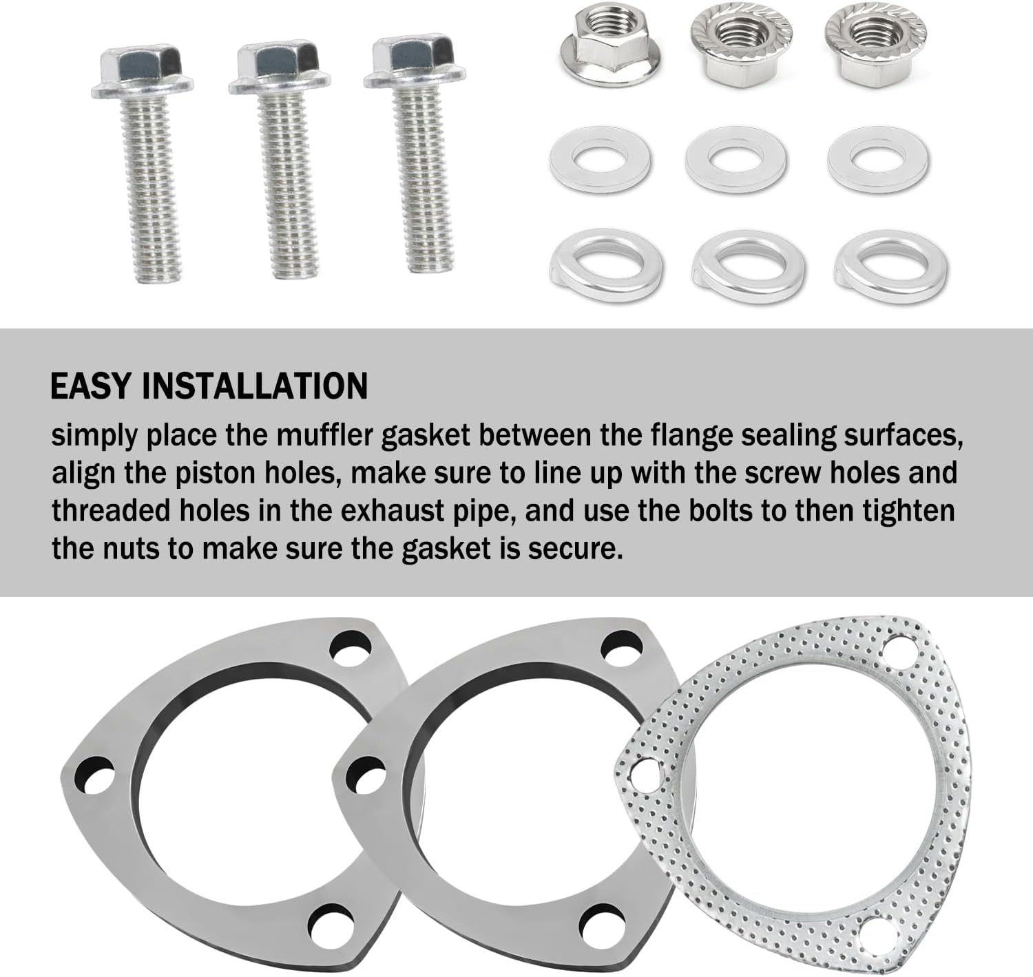 3" Exhaust Flange Gasket with 3 Exhaust Bolts Tool Set,Stainless Steel Exhaust Flange Repair Kit for Securing Exhaust System Component,Durable Car Accessories Exhaust Gaskets Kit (3") image number 3