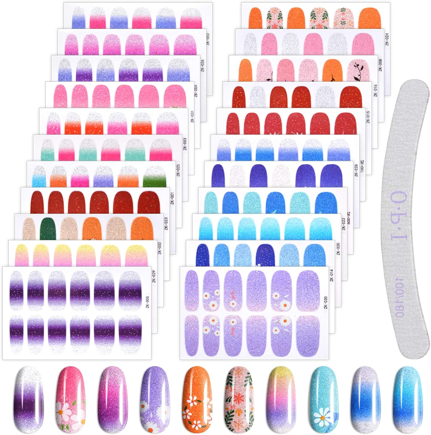 22 Sheets Full Wraps Nail Polish Stickers with Nail File, EBANKU Pure Color Shine Flower Self-Adhesive Nail Art Decals Strips Manicure Kits Nail Art Designs for Women Girls