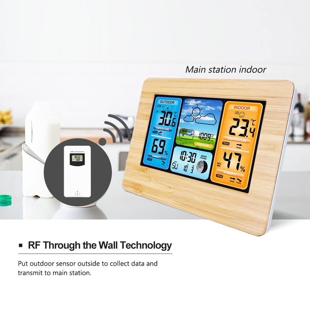 Weather Clock, REFENG FJ3373 Multifunction Digital Weather Station LCD Alarm Clock, Indoor Outdoor Weather Forecast Barometer Thermometer Hygrometer with Wireless Outdoor Sensor USB Power Cord