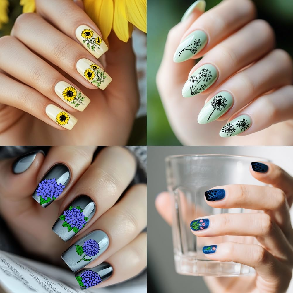 PH Pandahall Pack of 9 Floral Theme Nail Stamping Plates Sunflowers Nail Art Designs Rose Tulip Manicure Art Stencil Bouquet Nails Design Template Leaves Stamp Templates for Women Manicure