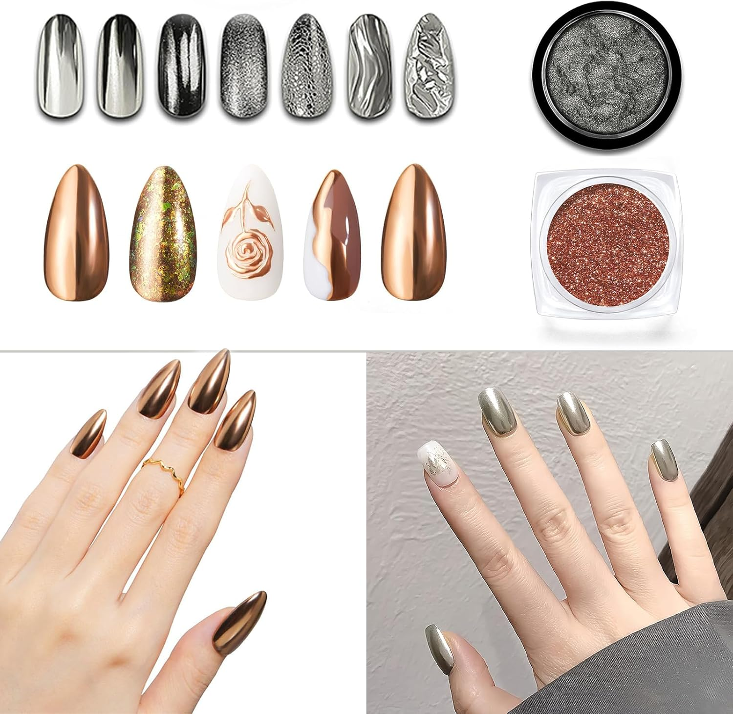 Jeyzuroa 2PCS Chrome Nail Powder Set - Mirror Effect Metallic Dust & Holographic Glitter for DIY Gel Polish Nail Art, Manicure, Resin Craft (Dark Silver & Gold) image number 2