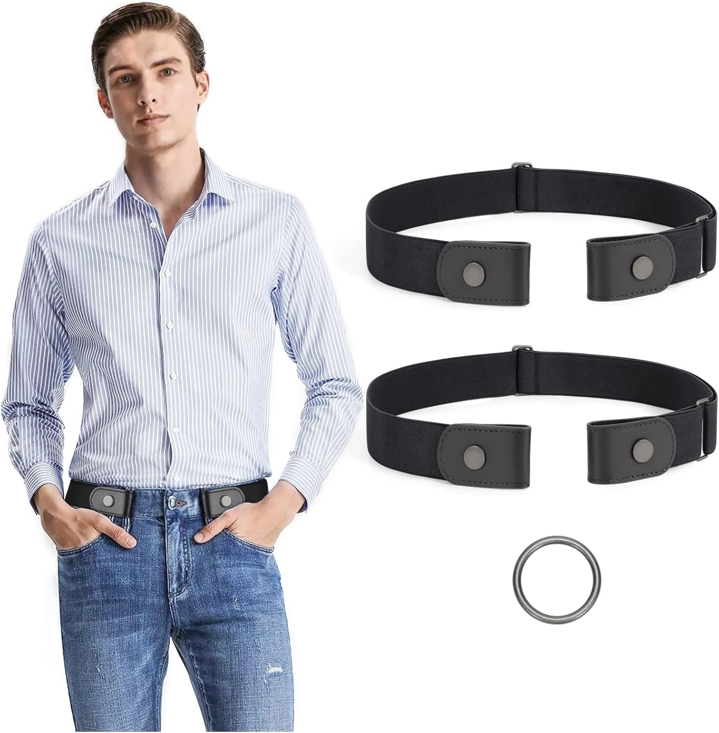 JASGOOD 2 Pieces No Buckle Stretch No Show Belt for Men，Buckless Invisible Elastic Belt for Jeans Pants image number 3