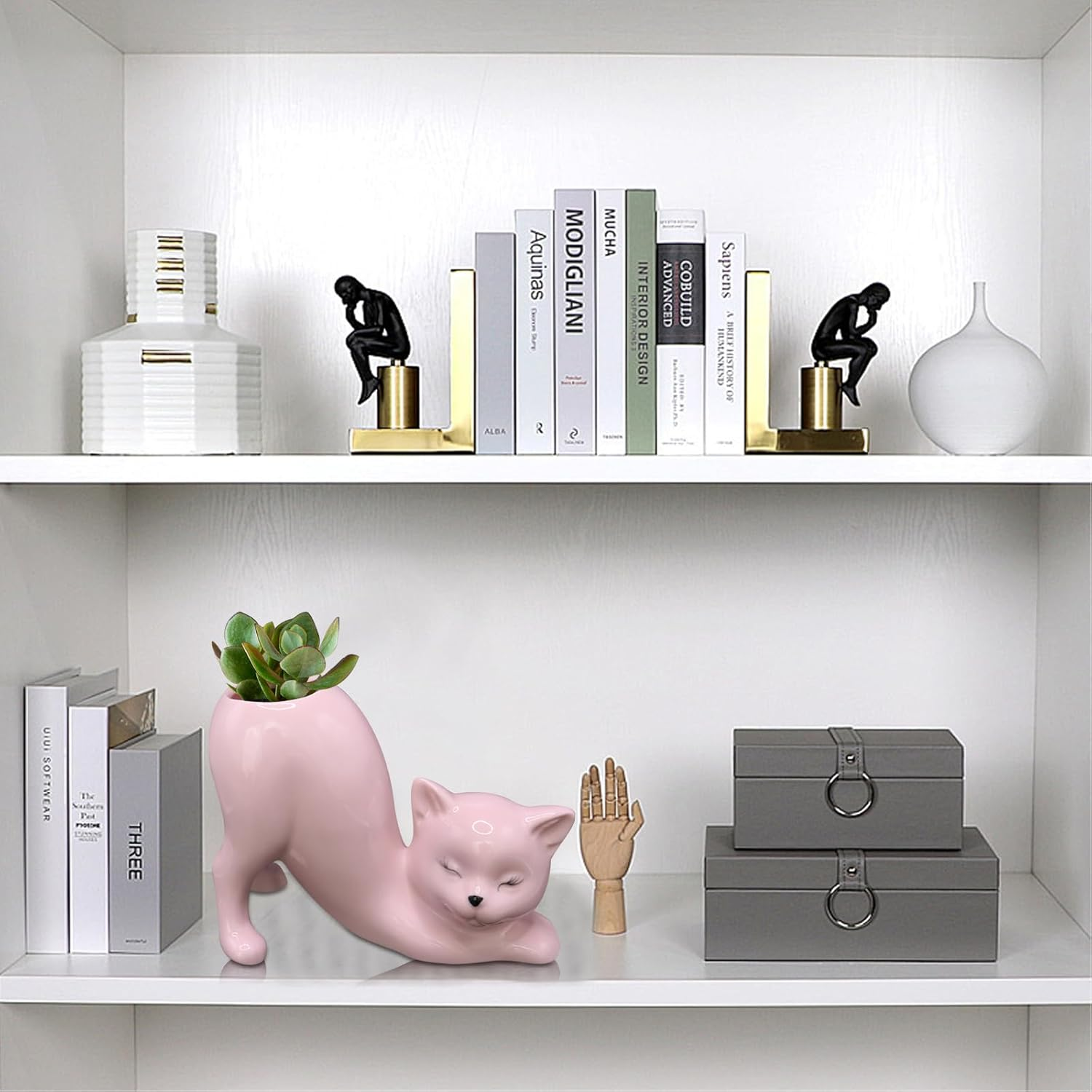 Tailless Cat Planter Pot, Unique Little Kitty Cactus Indoor Flower Pot, Ceramic Cute Animal Succulent Plant Pot, Novelty Flowerpot Ideal Gifts, Lovely Office Desk Room Home Decor (Pink) - Pink image number 5