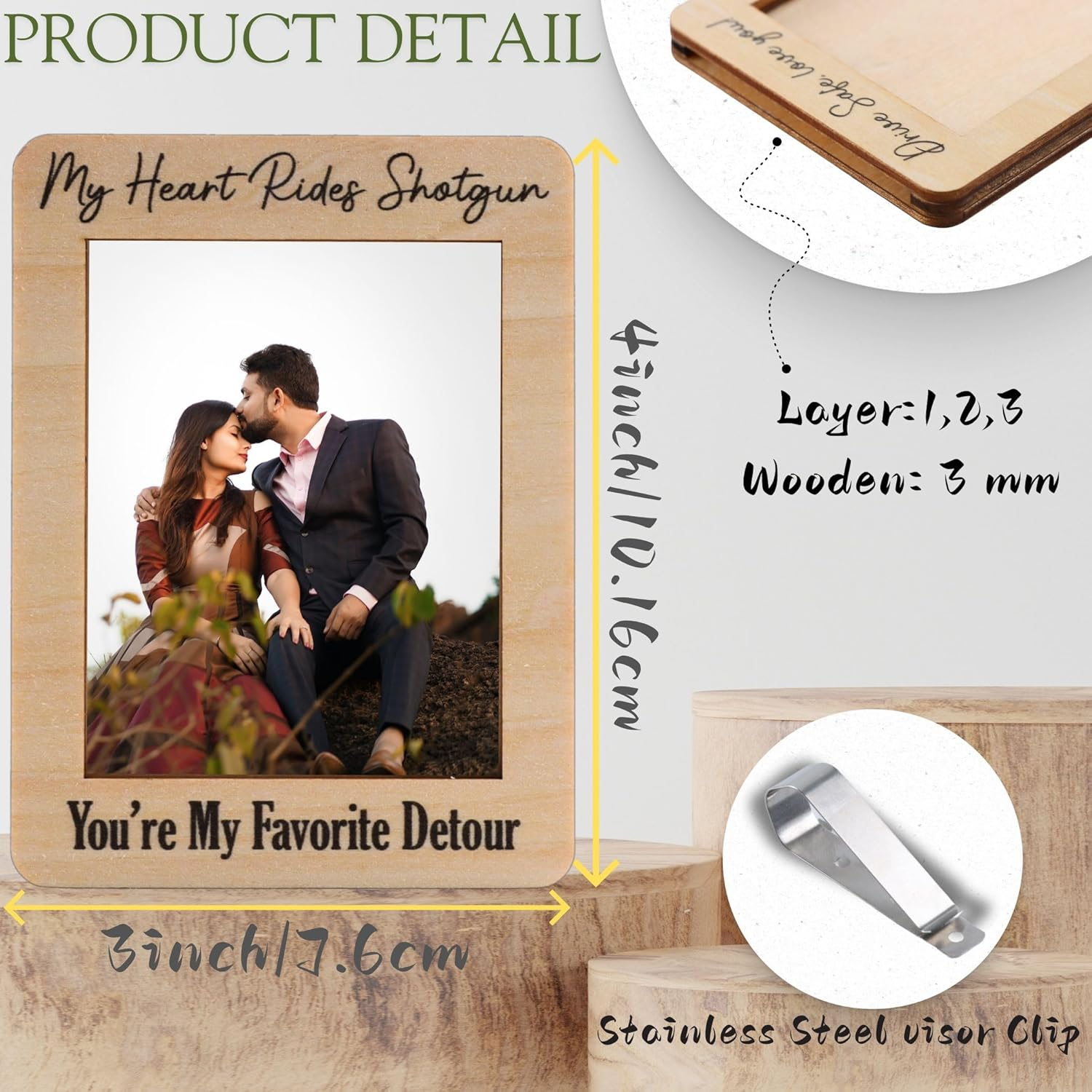 MOTOFITOOL Car Visor Picture Frame, My Heart Rides Shotgun Photo Holder, Drive Safe I Love You Clip, Personalized Car Accessory, Wooden Keepsake image number 6