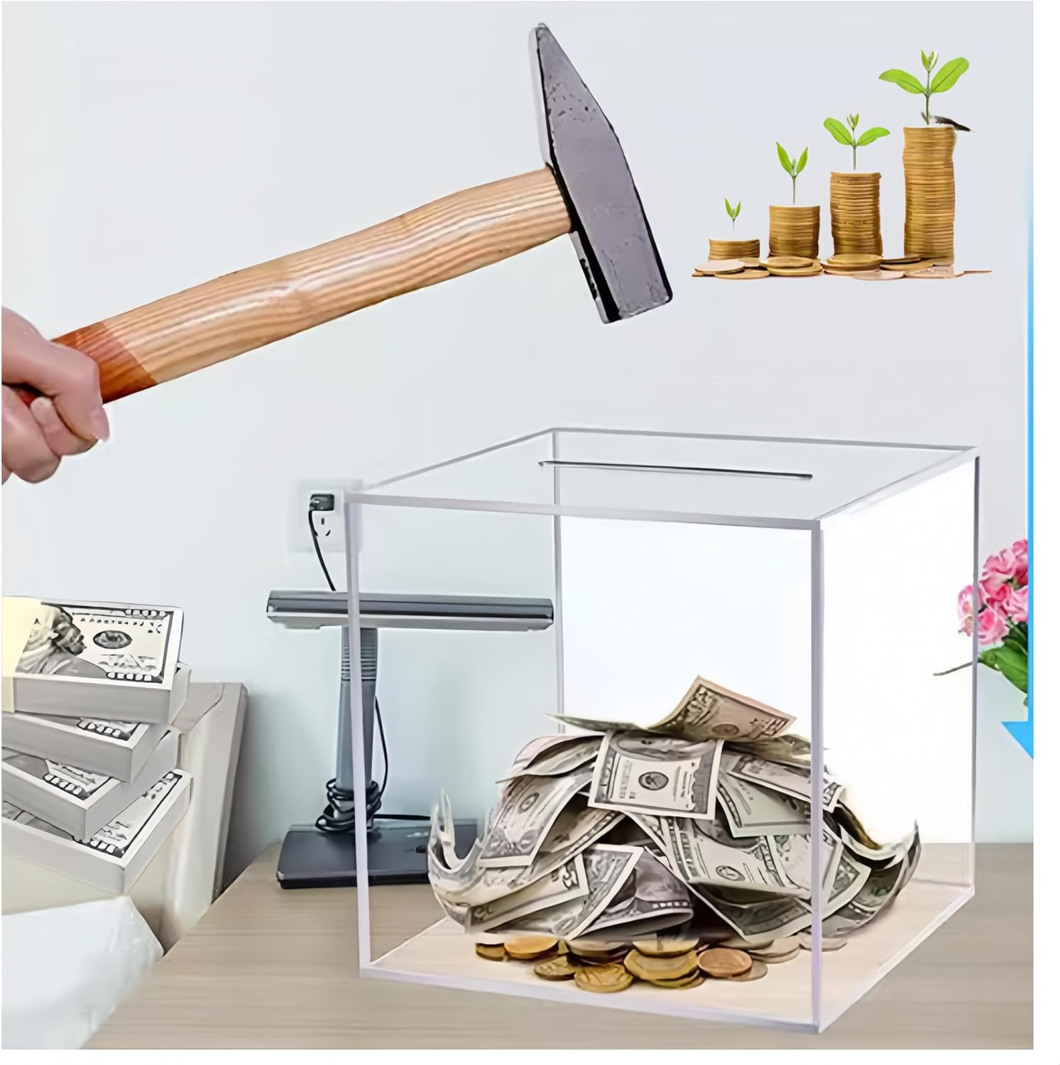 Clear Acrylic Money Box, Wanfoou Clear Piggy Bank, Unopenable Clear Piggy Bank, Saving Money Box for Storing Coins and Bills (Clear 12X12X12Cm) image number 1