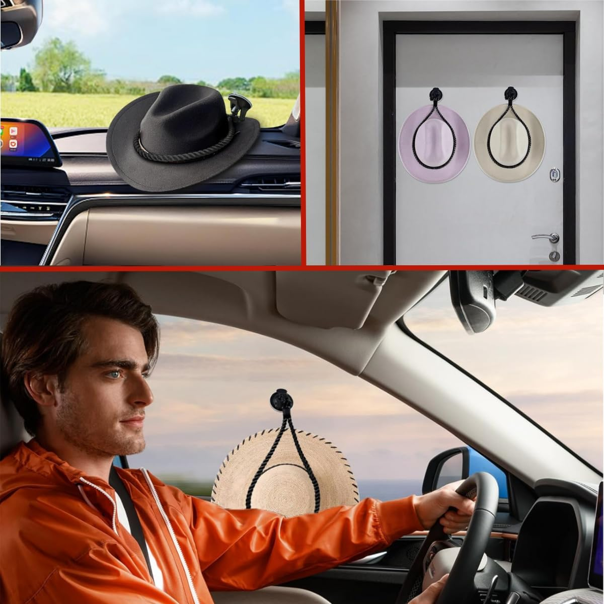 Hat Mount for Your Vehicle,Universal Car Hat Mount with Suction Cup,Handmade Rope Cowboy Hats Rack,Auto Universal Interior Accessories for Trucks, for Trucks, Suvs, Cars Black image number 1