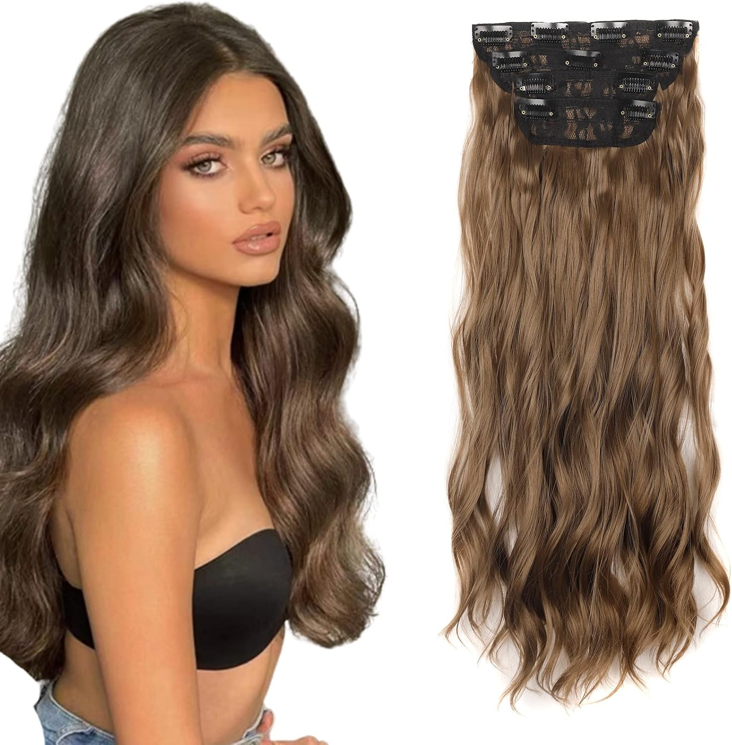 Gairyan Clip in Hair Extensions 4PCS Curly Wavy Long Hair Pieces Full Head Synthetic Hair Extension Thick Natural Look for Women, 22 Inches 180G, Dirty Blonde