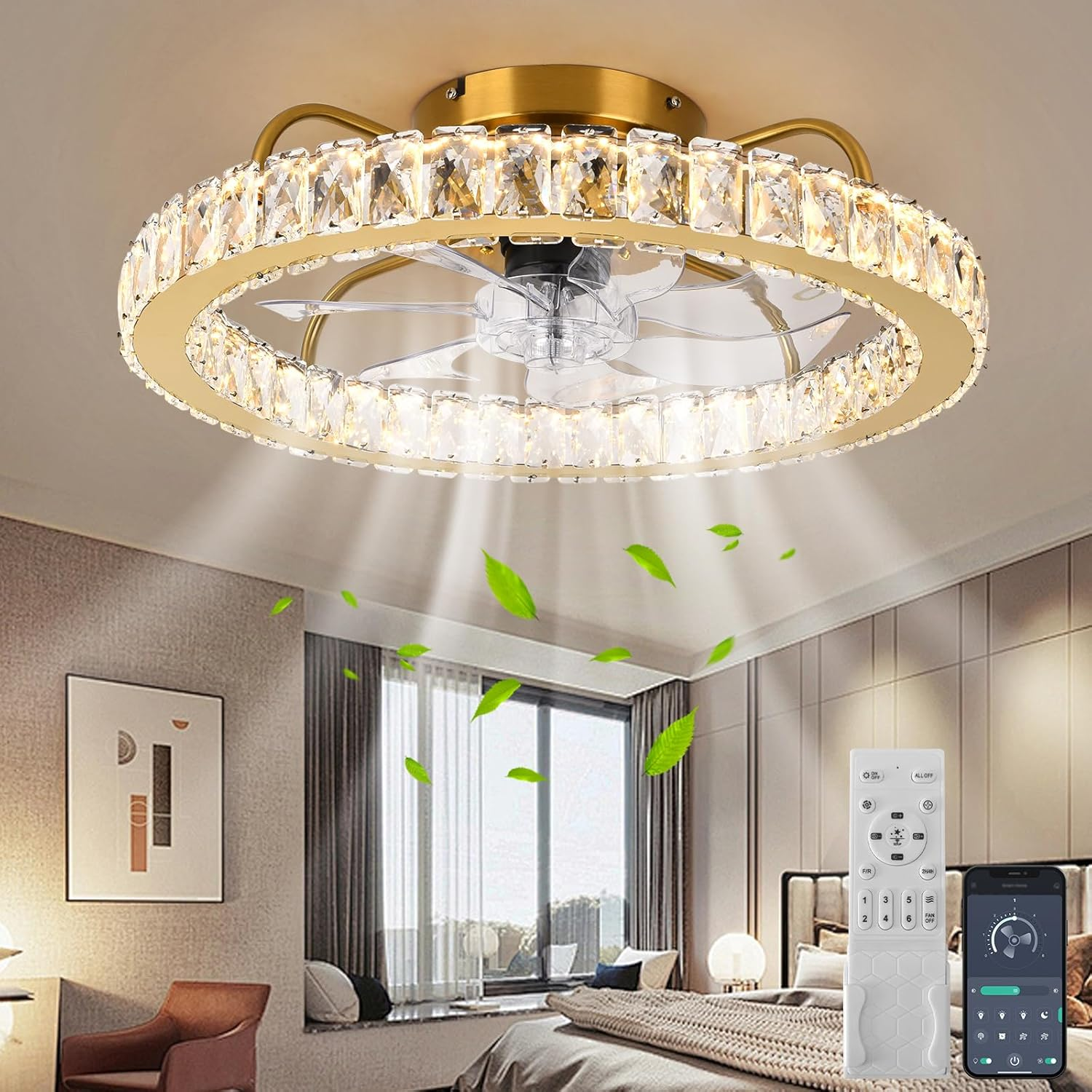 Ganeed LED Ceiling Fans with Light 6-Speed Ceiling Fan Lighting Dimmable Modern Ceiling Fan Light Fixture for Bedroom Living Room Kitchen