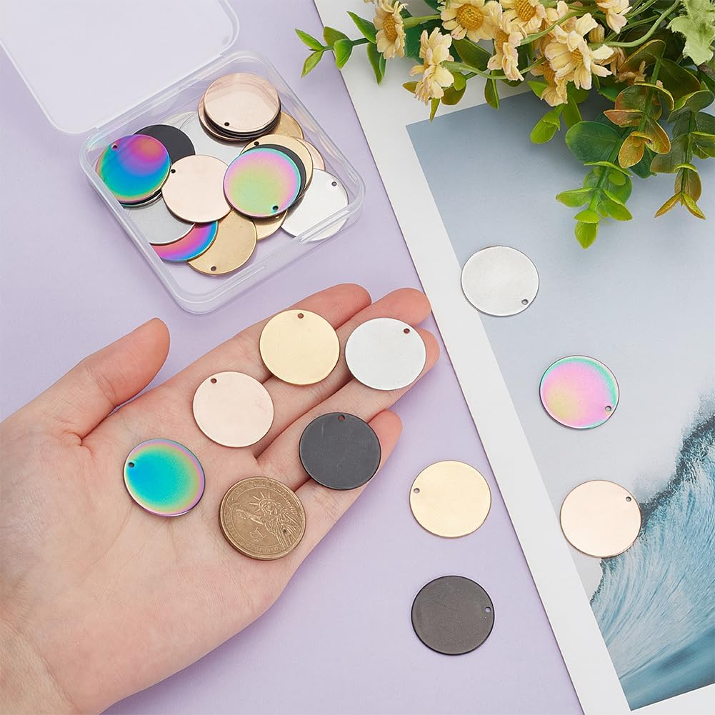 UNICRAFTALE 30Pcs 5 Colours round Metal Laser Engraving Blanks Dog Tags 25 Mm Stainless Steel Pendant Smooth Empty Tags Metal Charms for Jewellery Key Pet Dog Tags Making and Crafts