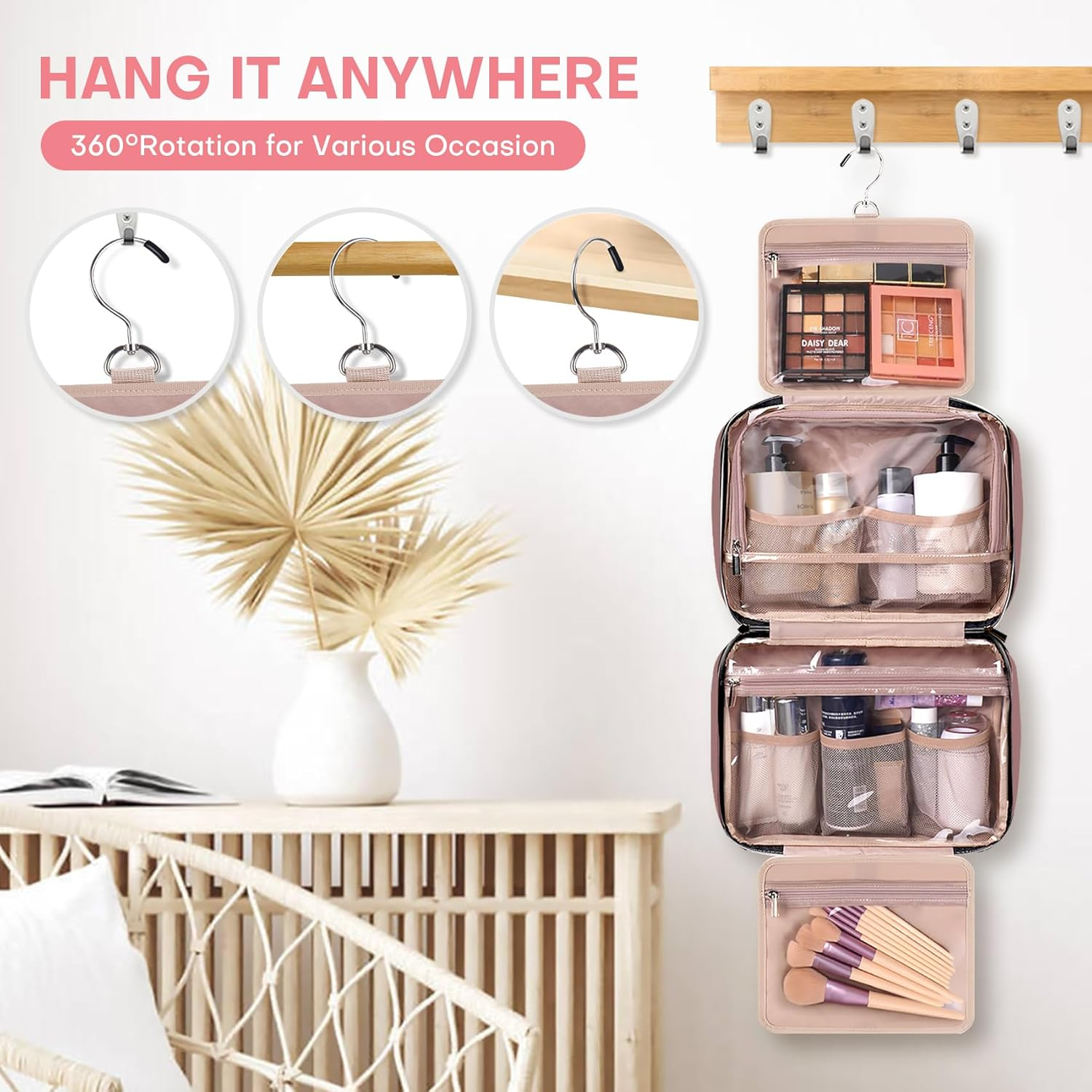 HXLGMD Travel Toiletry Bag with Hanging Hook, Rosewood, Medium