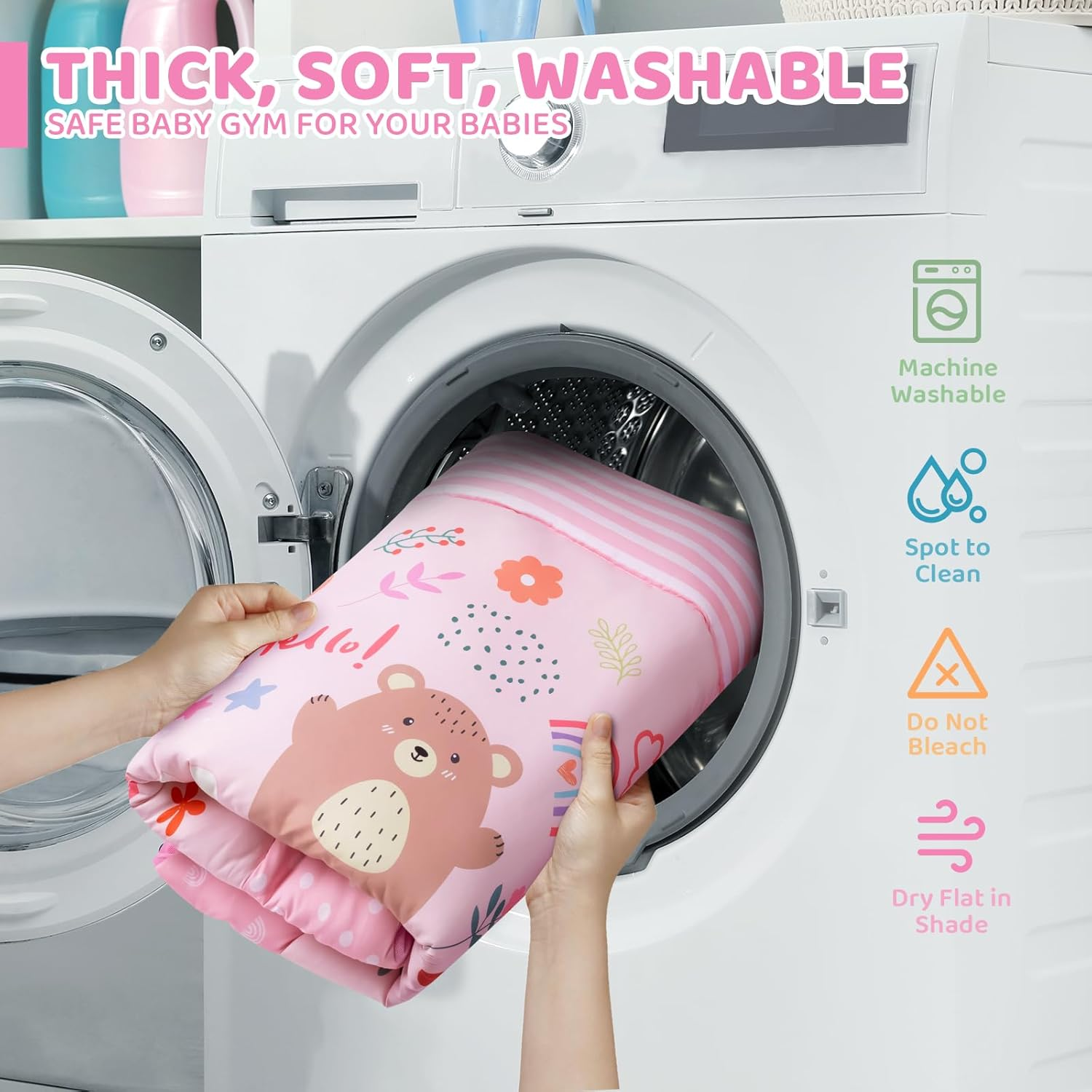 Baby Gym Play Mat, 8-In-1 Tummy Time Mat & Ball Pit with 6 Toys, Washable Baby Activity Mat for Visual, Hearing, Sensory, Motor Development, Baby Gift Newborn Infant 0-3-6-9-12 Months (Pink) image number 3