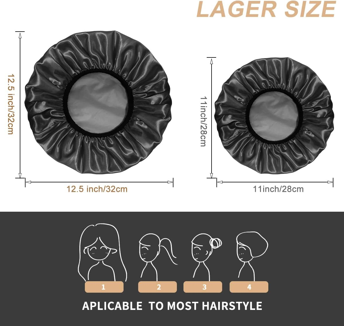 Aquior Shower Cap, Extra Large Shower Cap for Men, Satin EVA Double Layer Waterproof Reusable Hair Cap for Women Long Hair(All Black 4 Pack)