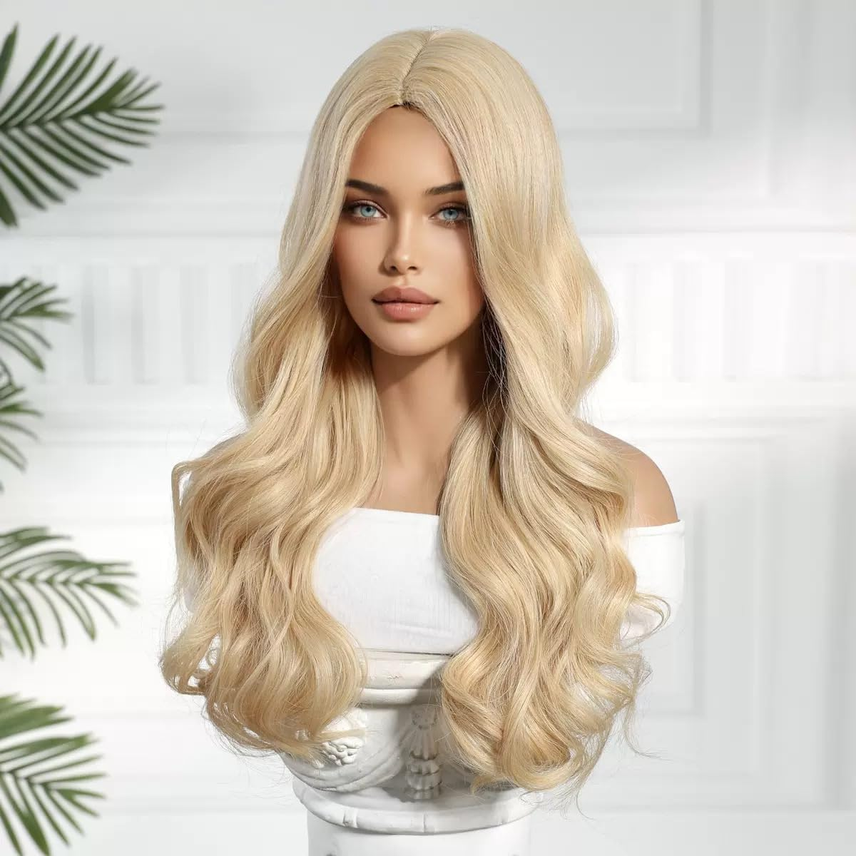 Long Natural Wave Wavy Blonde Synthetic Wigs for Women, Heat Resistant Fibre, Natural Looking with Middle Part image number 4