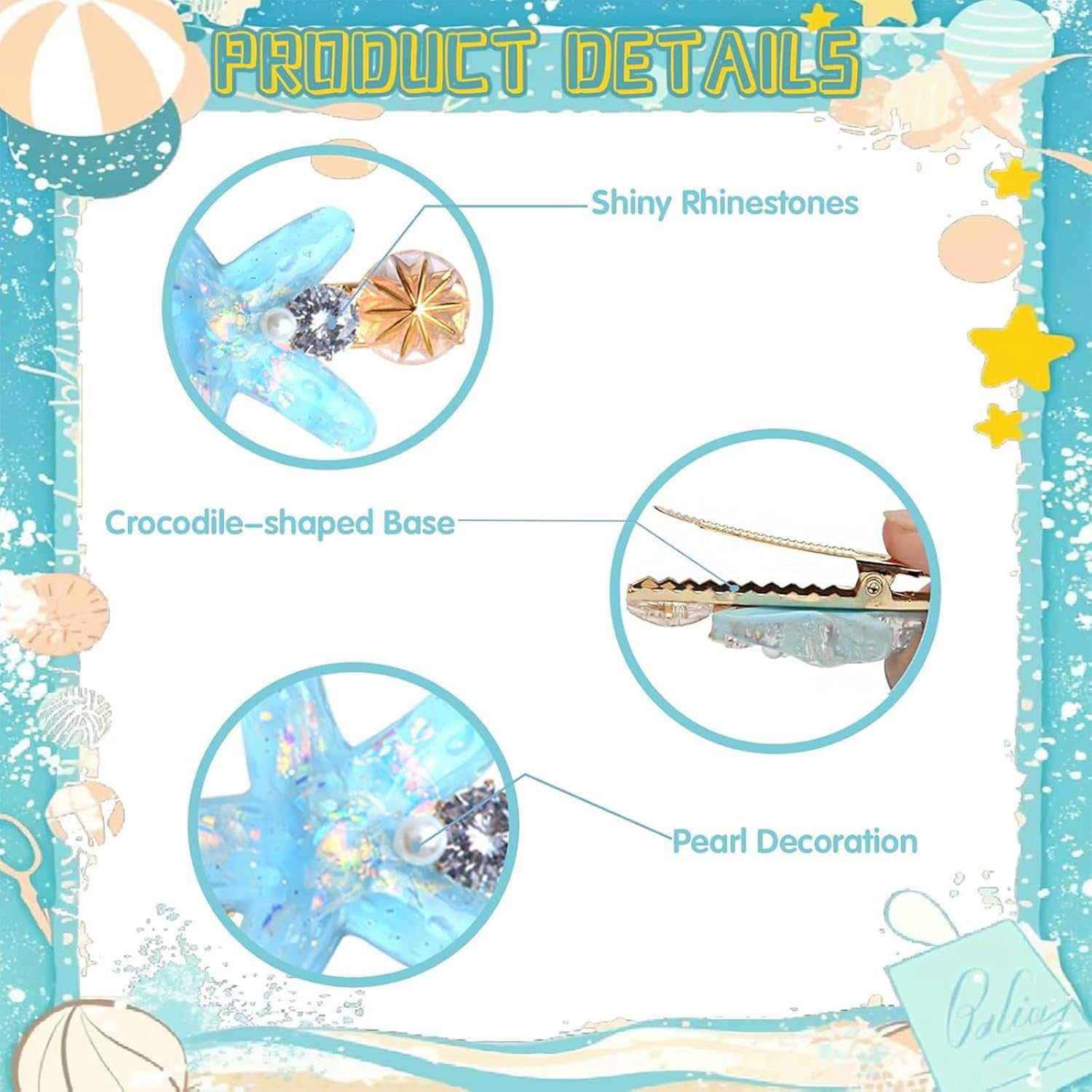 Yeanifeana 7-Piece Set Mermaid Hair Clips, Shell Pearl Starfish Alligator Clips, Waterproof Resin Mermaid Accessories for Women Girls, Beach Party Favors Gifts image number 5