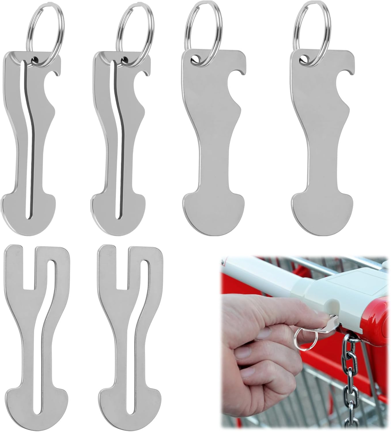 6 Pcs Shopping Trolley Key, Adaptable Versatile Keychain as Bottle Opener, Universal Fit Supermarkets Shopping Cart with Modern Metal Anti-Lost Design and 3 Shapes (Titanium Steel & Silver) image number 6