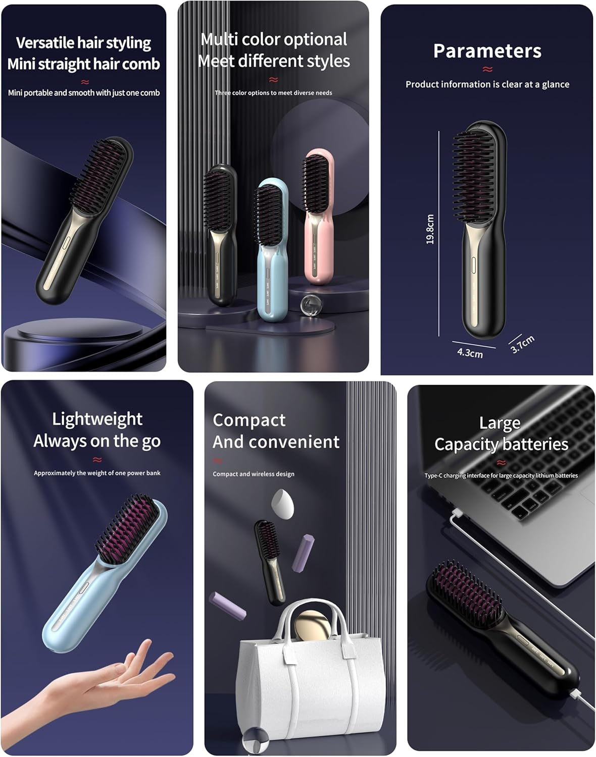 Mini Portable Hair Straightener Brush, Cordless Electric Hair Straightening Comb with Negative Ions, Ceramic Fast Hearting Electric Hot Comb(Blue) image number 3