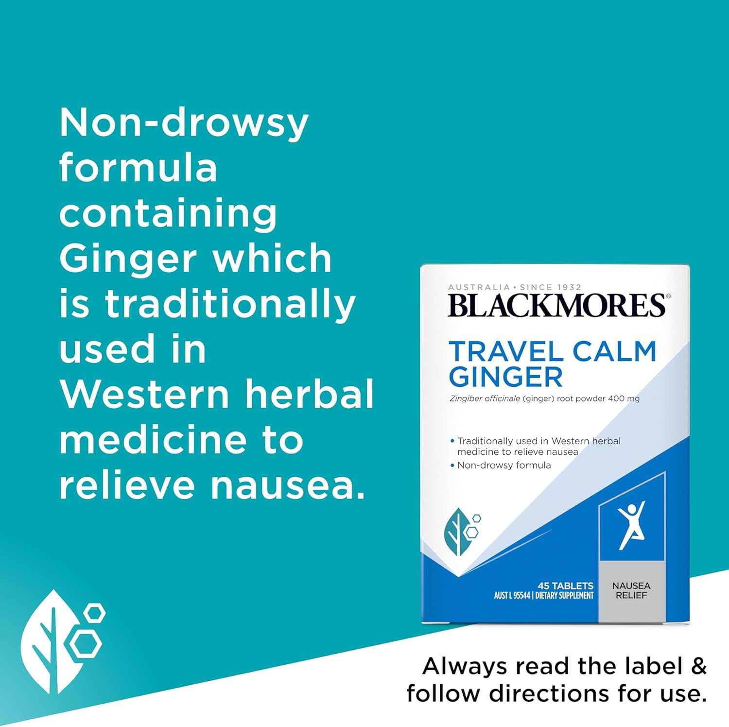 Blackmores Travel Calm Ginger|Relieves Symptoms of Travel & Sea Sickness| Non-Drowsy Formula|45 Tablets