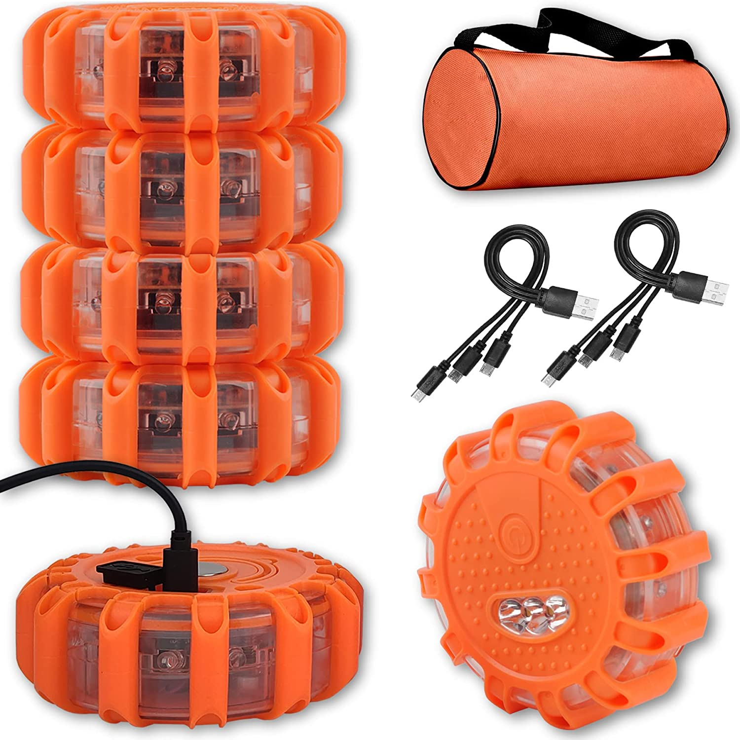 USB Rechargeable LED Road Flares Emergency Lights-Roadside Warning Car Safety Beacon Flashing Disc Flare Kit with Magnetic Base for Vehicles & Boat | 6 Pack image number 3