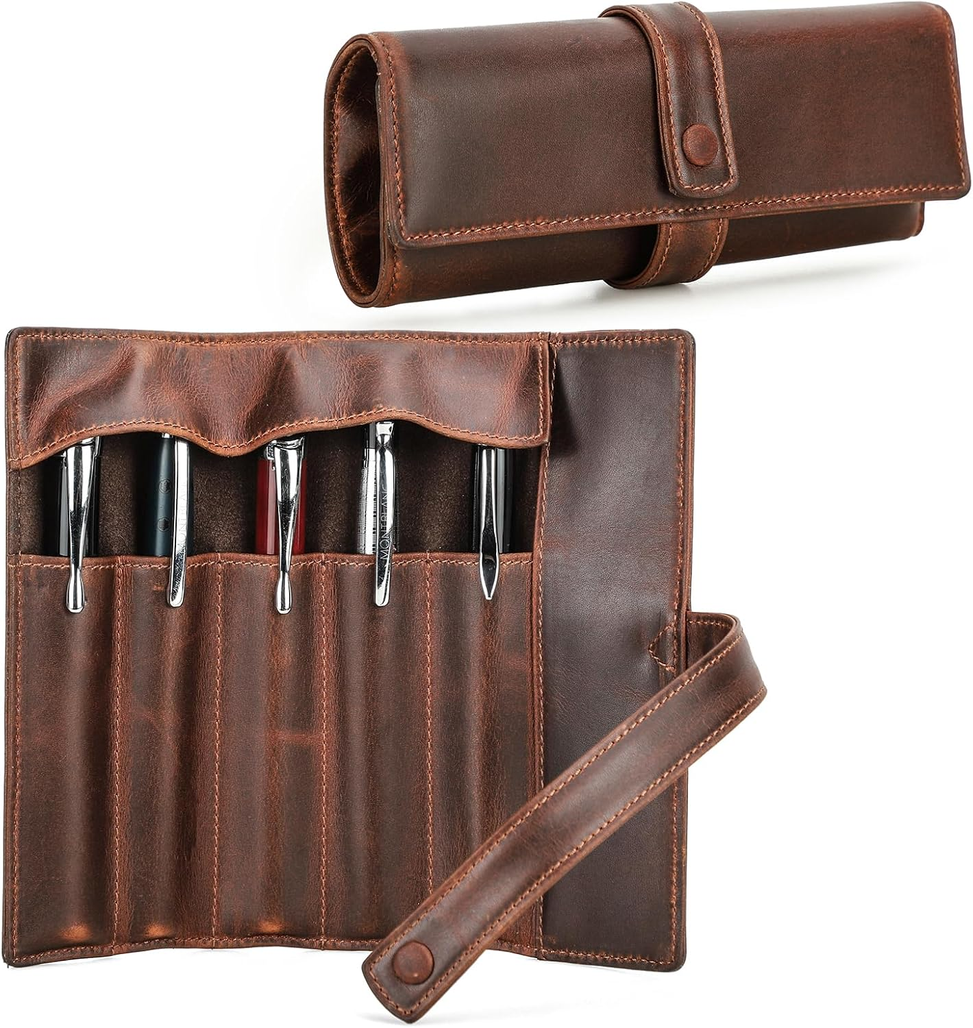 Contact'S Family Genuine Leather Fountain Pen Case for 5 Pens Jewelry Roll Large Capacity Leather Pen Case Pen Holder image number 3