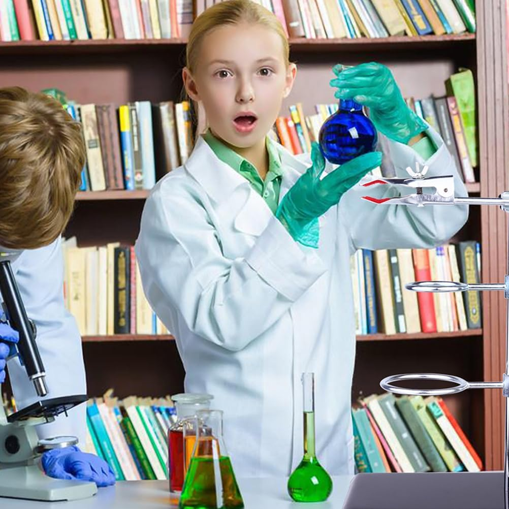 Laboratory Retort Support Stand for Titration Extraction with a Burette Clamp and 2 Flask Ring Clamps Used in Chemistry or Physics Lab (Rodlength 16)